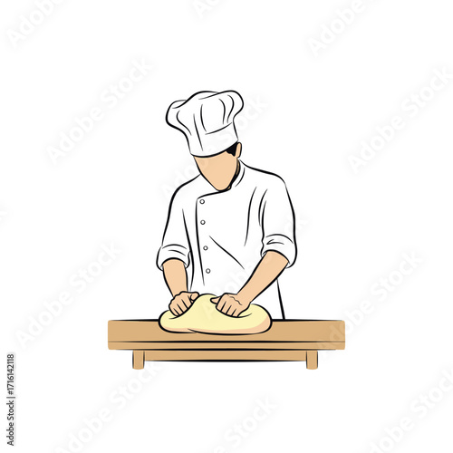 Baker man in a chef hat kneading fresh dough on a wooden table