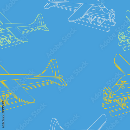 Editable Outline Aerial Three-Quarter Oblique Front View Pontoon Floating Plane Vector Illustration as Seamless Pattern for Creating Background of Transportation or Recreation Related Design