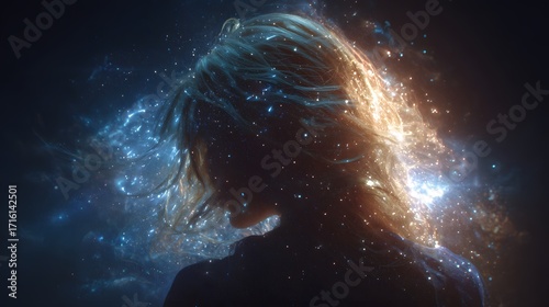 Radiant woman with luminous hair resembling a star cluster, deep dark cosmic scene
