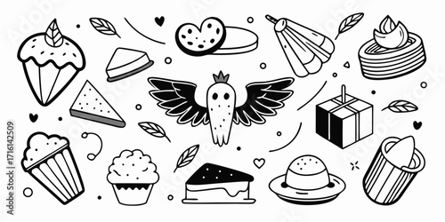 Whimsical hand-drawn dessert collection featuring cakes cupcakes and sweet treats