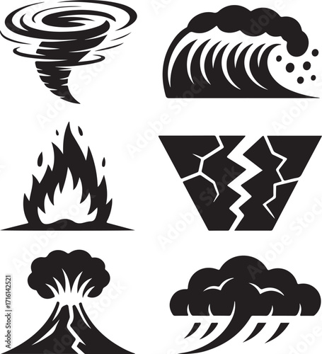 Natural disaster icons weather elements danger power force
