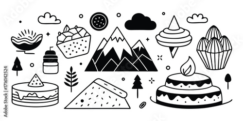 Whimsical hand-drawn desserts and mountain scene elements with trees and clouds