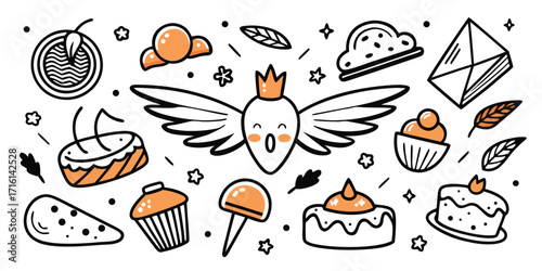 Whimsical desserts collection cakes cupcakes croissants cherries and sweet treats doodle art