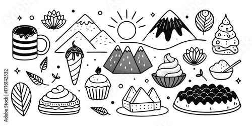 Whimsical hand drawn desserts and mountain scenery doodle collection