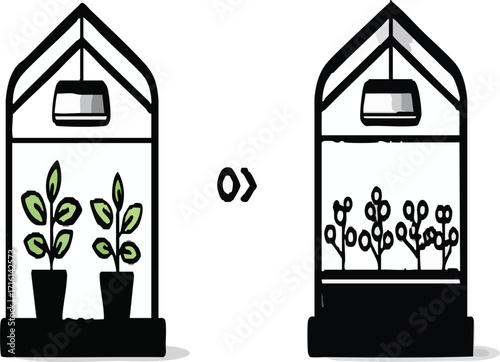 Illustration of a greenhouse filled with potted plants and hanging lights on a black background