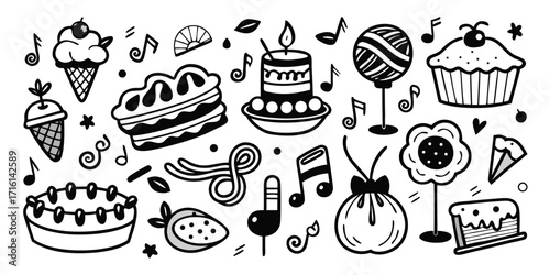 A delightful array of hand-drawn desserts and sweets with musical notes and festive elements
