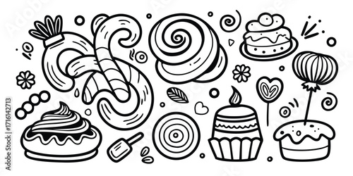 Hand-drawn sweet treats assortment candy cakes pastries spiral swirls decorative elements