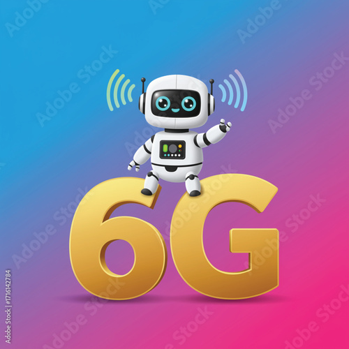 A cartoon robot, with friendly features, sits atop the large, golden number "6G". EPS Vector