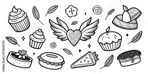 Hand-drawn sweet treats and treats collection featuring cupcakes and a heart with wings