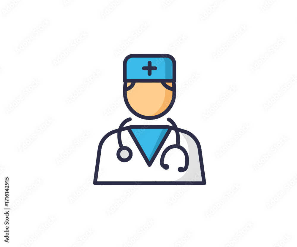 Fototapeta premium A simple, stylized illustration of a doctor wearing a white coat, a stethoscope, and a medical cap.
