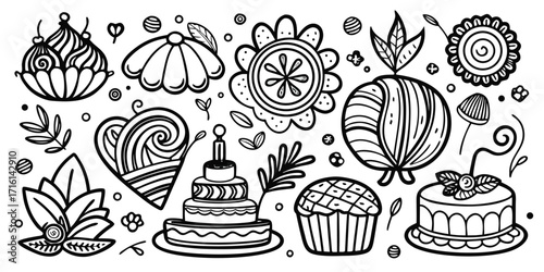 Whimsical desserts collection hand drawn line art featuring cakes cupcakes flowers and hearts