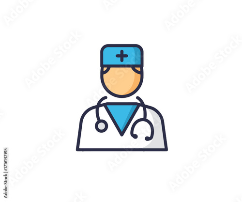 A simple, stylized illustration of a doctor wearing a white coat, a stethoscope, and a medical cap.
