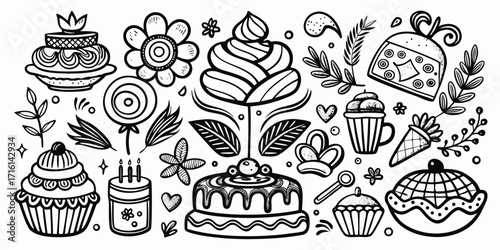 Hand-drawn desserts and sweets collection with cakes cupcakes and flowers line art style