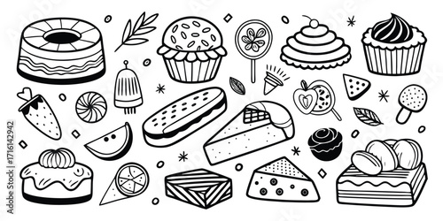 Collection of delicious hand-drawn desserts and sweets featuring cakes cupcakes lollipops and pastries