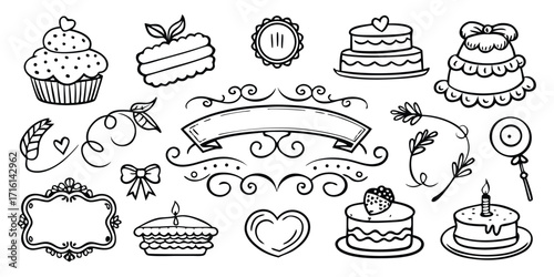 Sweet treats collection hand drawn line art design elements for baking and celebrations