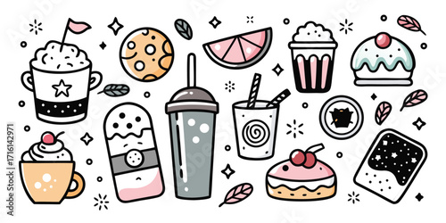 Delicious desserts and drinks hand drawn collection for food lovers and sweet treats