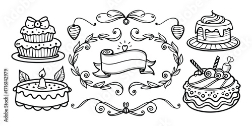 Hand-drawn celebration cakes and decorative elements for festive occasions and sweet treats
