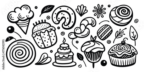 Whimsical doodle collection of delicious desserts and sweets for baking and celebration