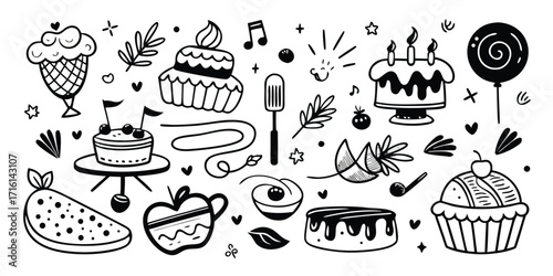 Hand drawn sketchy desserts collection featuring cakes ice cream cupcakes candy and fruit elements