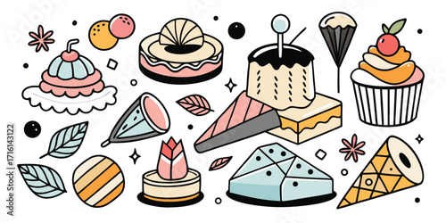 Delicious assortment of hand-drawn desserts and sweet treats collection for baking enthusiasts