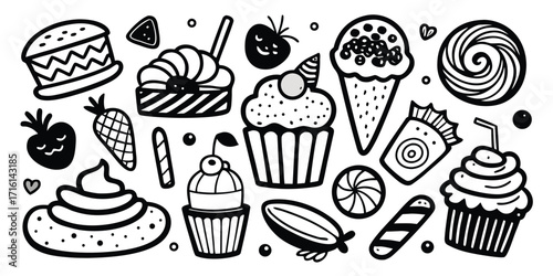 Hand-drawn collection of delicious desserts and sweet treats in black and white sketch style