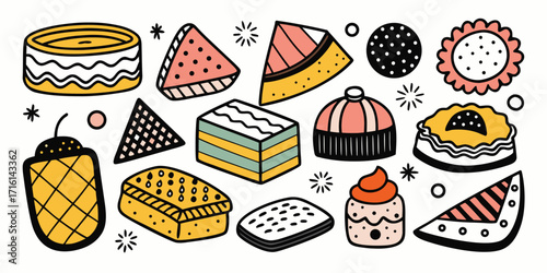 Collection of hand-drawn dessert and sweet treat illustrations for culinary delights