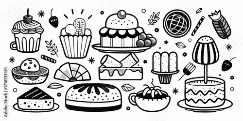 Whimsical black and white sketch collection of delicious desserts and sweet treats