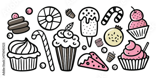 Hand drawn delicious sweet desserts collection featuring ice cream cupcakes candy and more