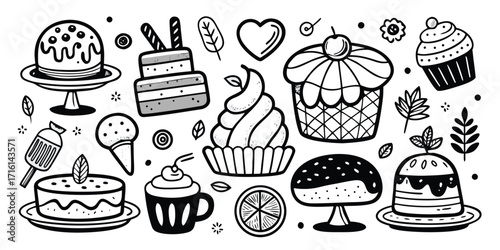 Whimsical doodle collection of delicious desserts and sweets for celebrations