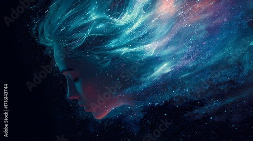 Sci-fi glowing female figure with galactic hair, drifting in a dark interstellar background
