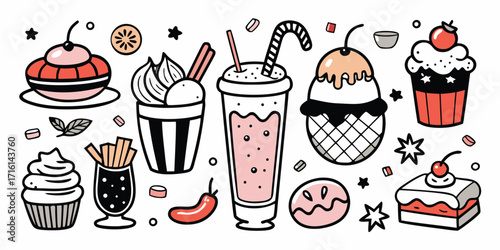 Whimsical hand-drawn dessert collection featuring sweet treats and drinks