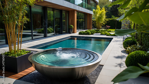 Modern Backyard Oasis with Sparkling Pool and Contemporary Water Feature Surrounded by Lush Greenery and Landscaping for Relaxation