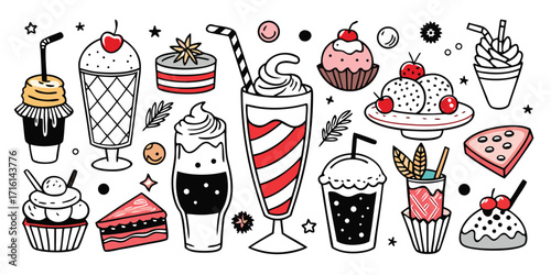 A whimsical hand drawn collection of delicious desserts and sweet treats for enjoyment