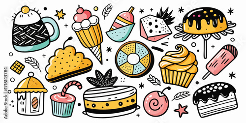 Whimsical hand-drawn assortment of delicious desserts and sweet treats collection