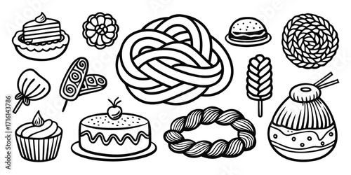 Delicious assortment of hand-drawn desserts and sweets collection