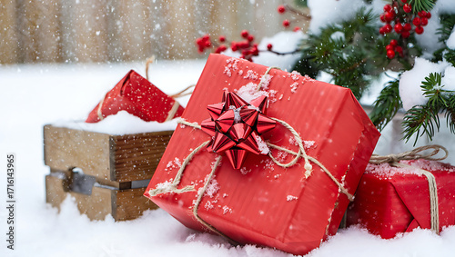Red Christmas Gifts in the Snow Underneath a Festive Evergreen Tree During Wintertime Holiday Season