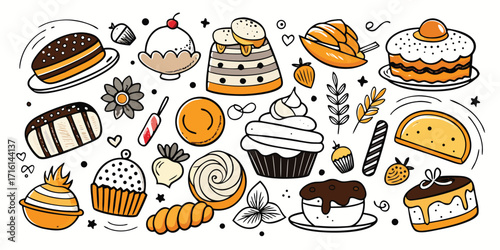 Delicious assortment of hand-drawn desserts and sweet treats collection