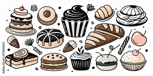 A delicious collection of hand-drawn desserts including cakes cupcakes and pastries