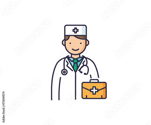 A flat vector icon of a male doctor wearing a lab coat, surgical cap, and a stethoscope on a white background.