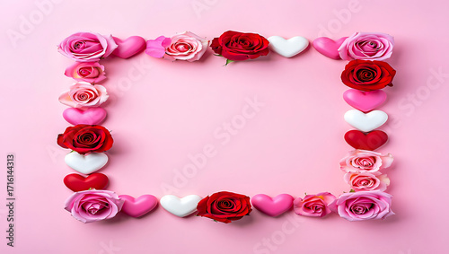 Romantic frame of roses and heart shaped candies on pink background perfect for Valentines Day greetings and love messages