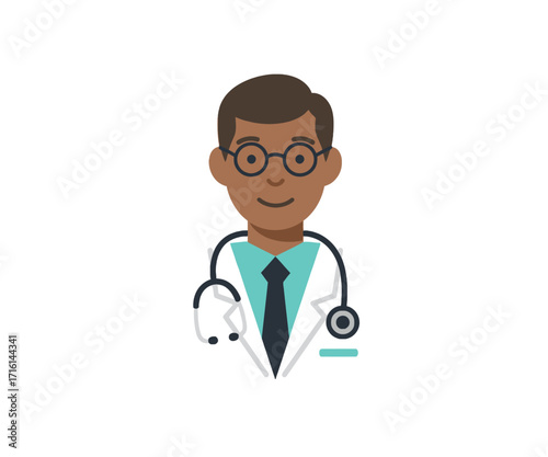 A flat vector icon of a male doctor wearing a lab coat, surgical cap, and a stethoscope on a white background.