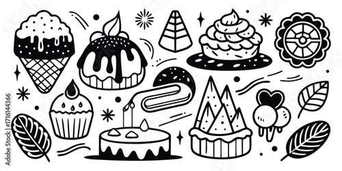 Collection of whimsical hand-drawn desserts ice cream cakes and cupcakes for sweet treats