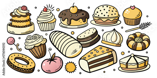 Delicious assortment of cakes pies pastries and sweets displayed together artistically