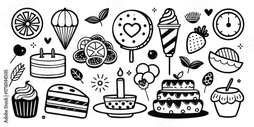 Whimsical hand-drawn sweet treats collection including cakes cupcakes ice cream and fruit slices