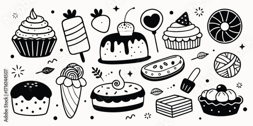 Hand-drawn dessert assortment delicious cupcakes ice cream cake and sweets doodles