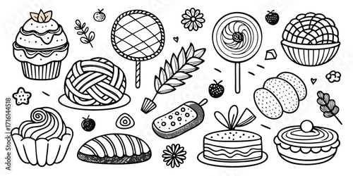 Whimsical dessert collection hand drawn sweet treats cupcakes cakes lollipops bread and pastries