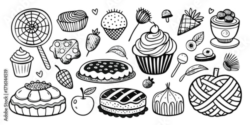 Collection of hand-drawn desserts and sweets including pies cupcakes and lollipops