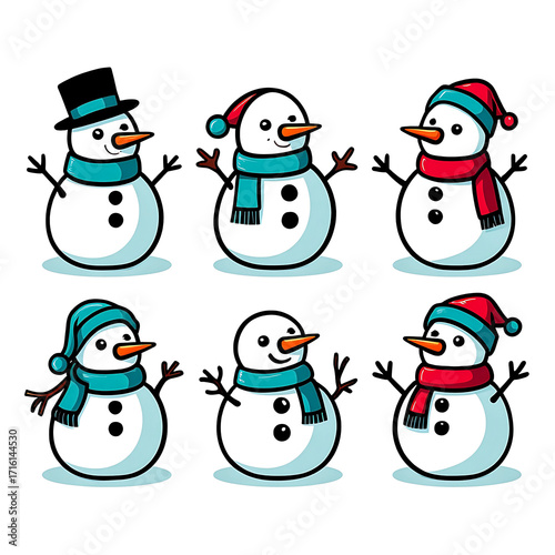 Six Cartoon Snowmen Wearing Different Hats and Scarves Perfect for Winter Holiday Season