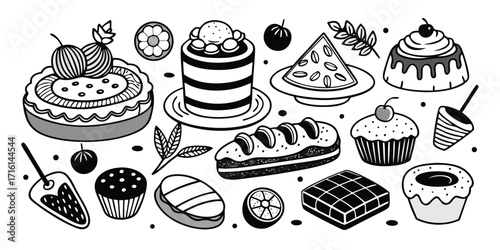 Hand drawn delicious desserts and sweets collection featuring cakes pies and pastries