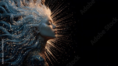 Celestial woman with luminous cosmic hair radiating energy, set in a black background